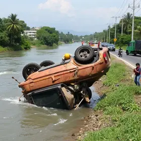carro capota e cai em córrego